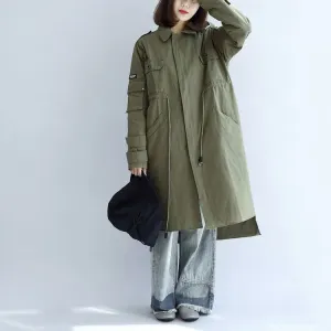 2021 pockets green casual cotton parka plus size tie waist long sleeve trench coats