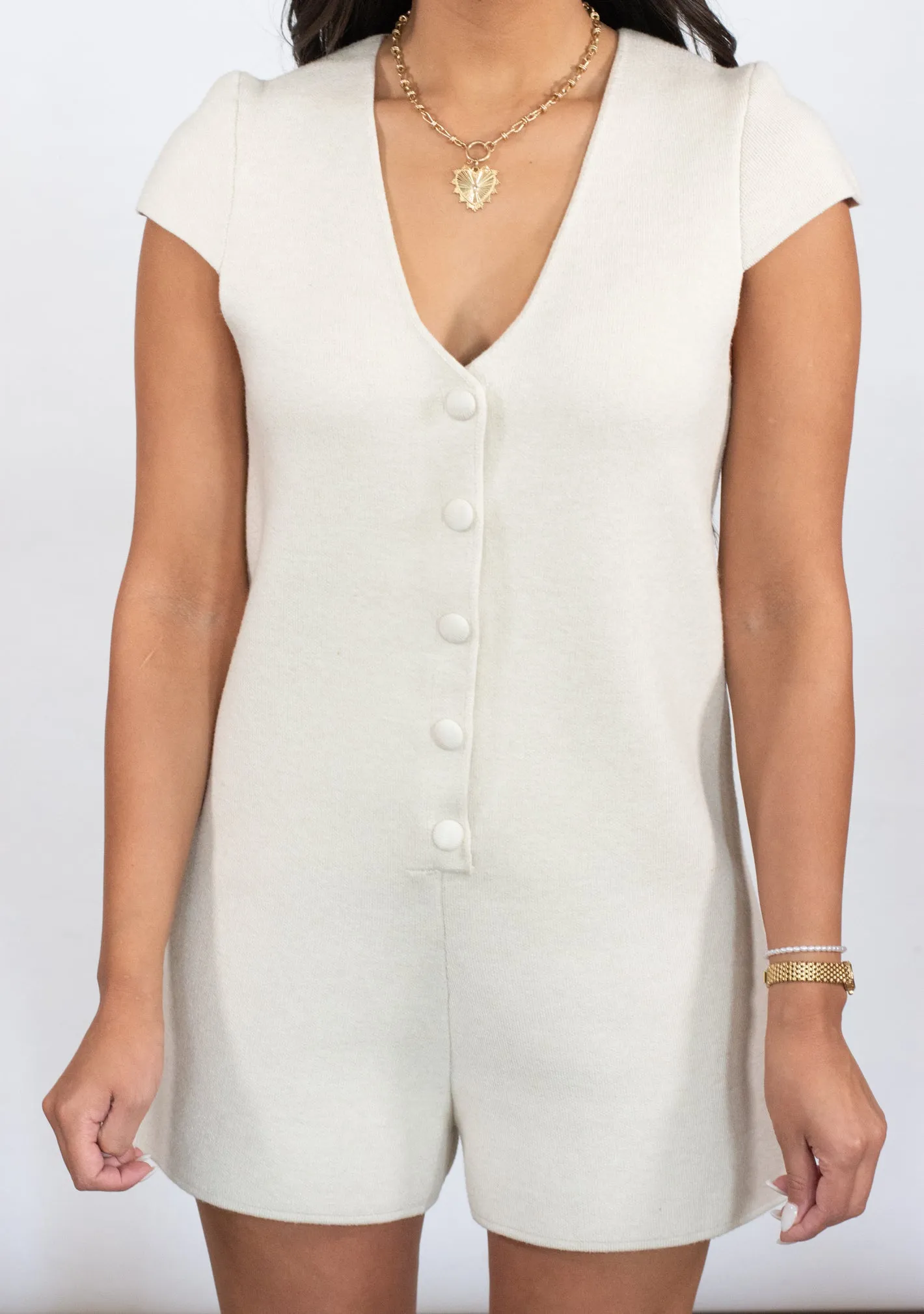 All The Feels Cream Knit Button Down Romper