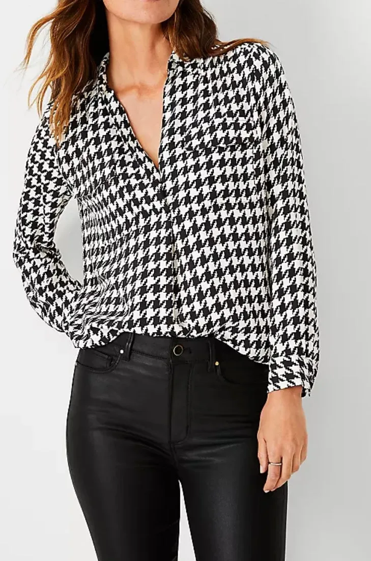 Ann Taylor Houndstooth Camp Shirt; L