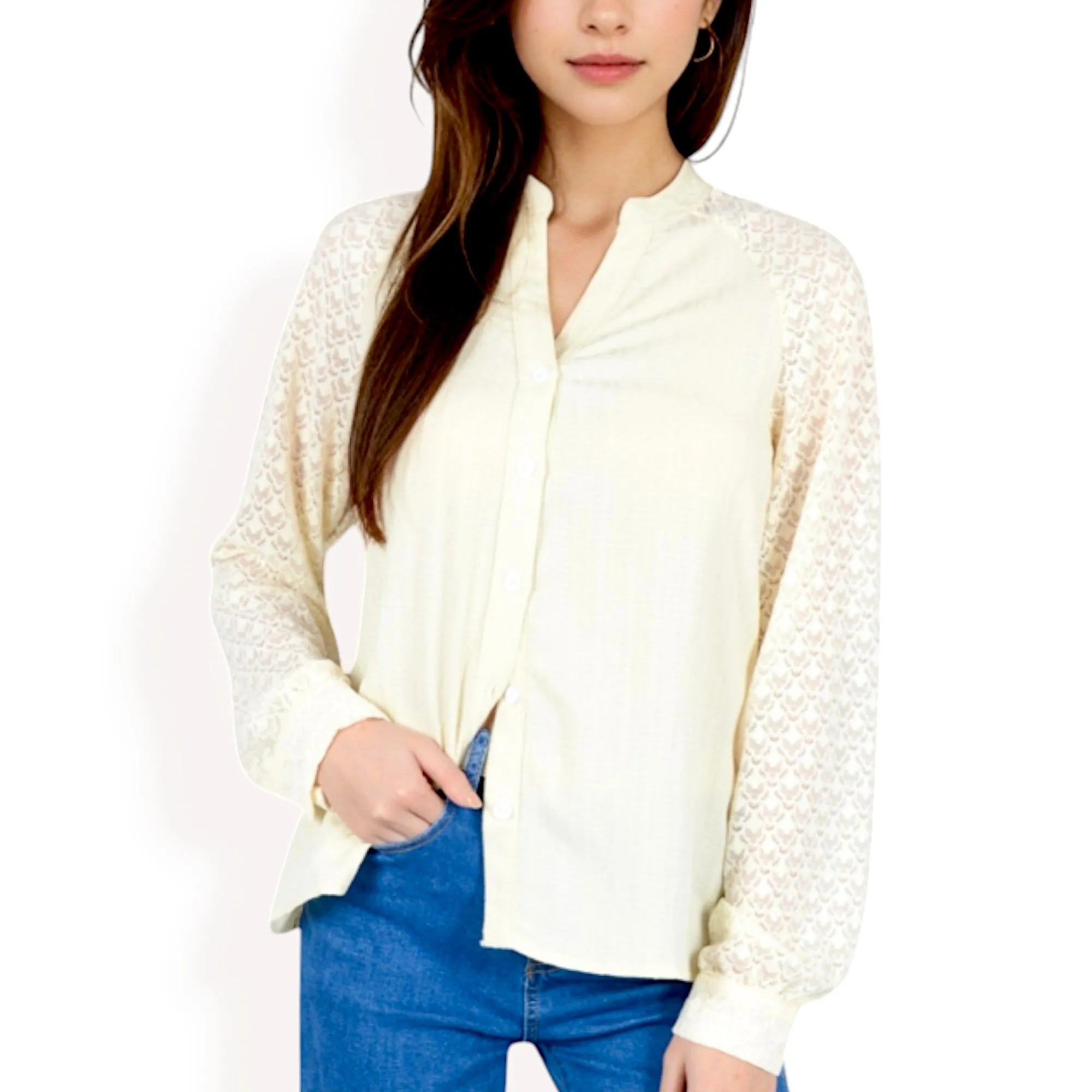 Anna-Kaci Women's Lace Sleeve Button-Up Blouse with Stand Collar and Relaxed Fit