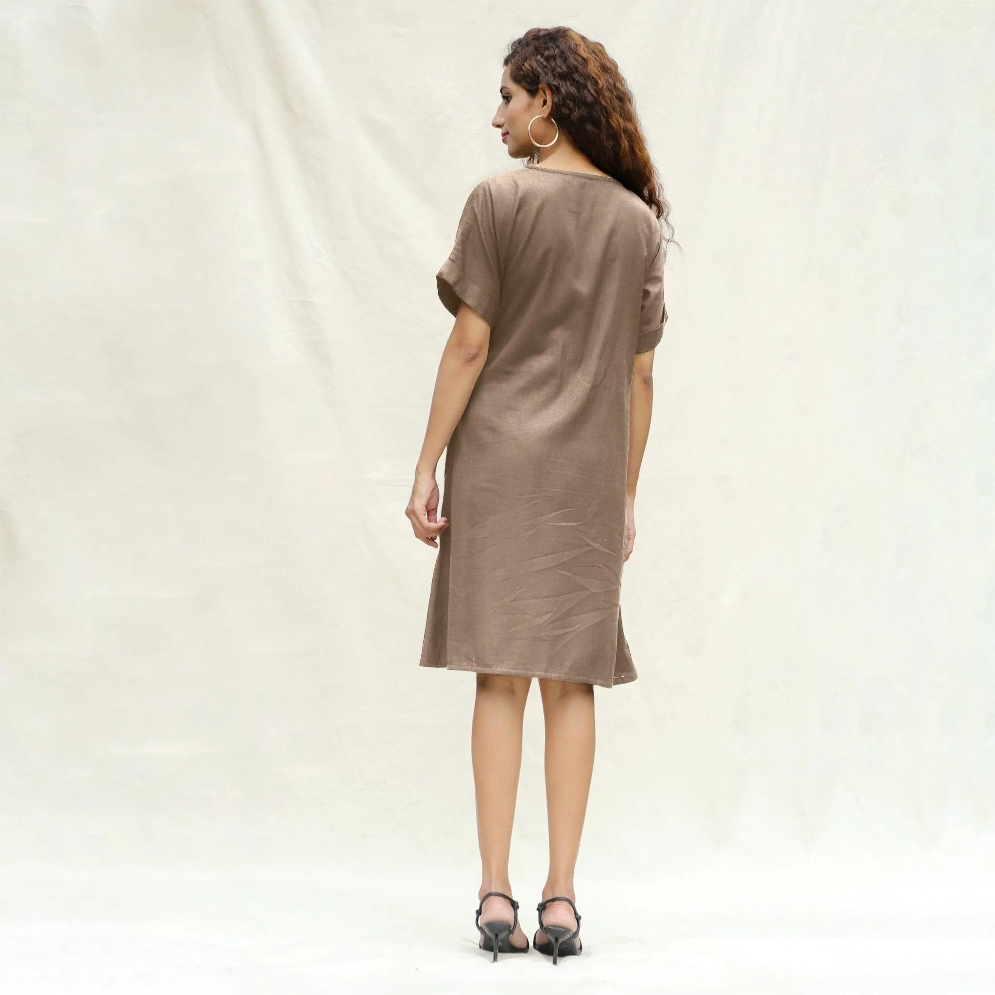 Beige Cotton Flax A-Line Knee Length Wrap Dress