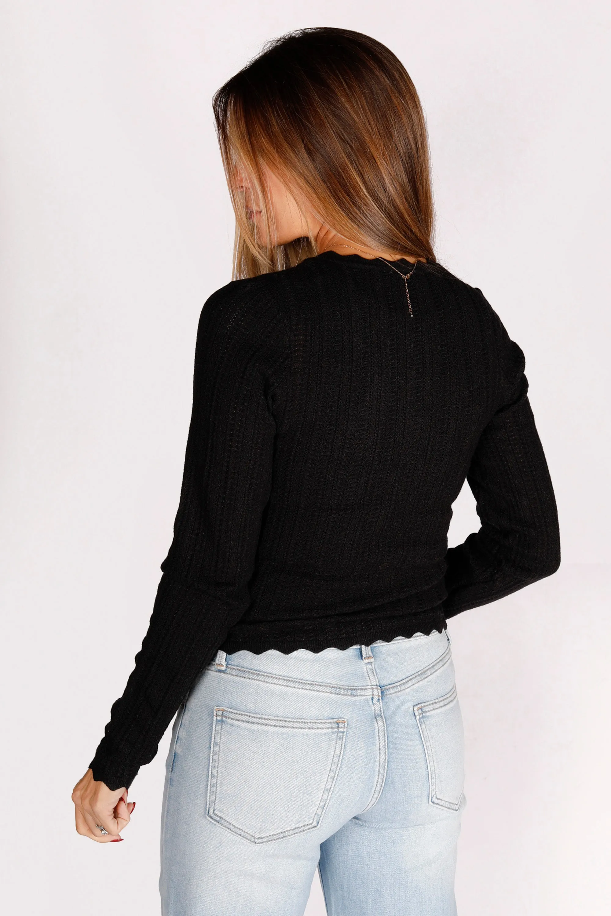 Black Scalloped Henley Sweater - SALE