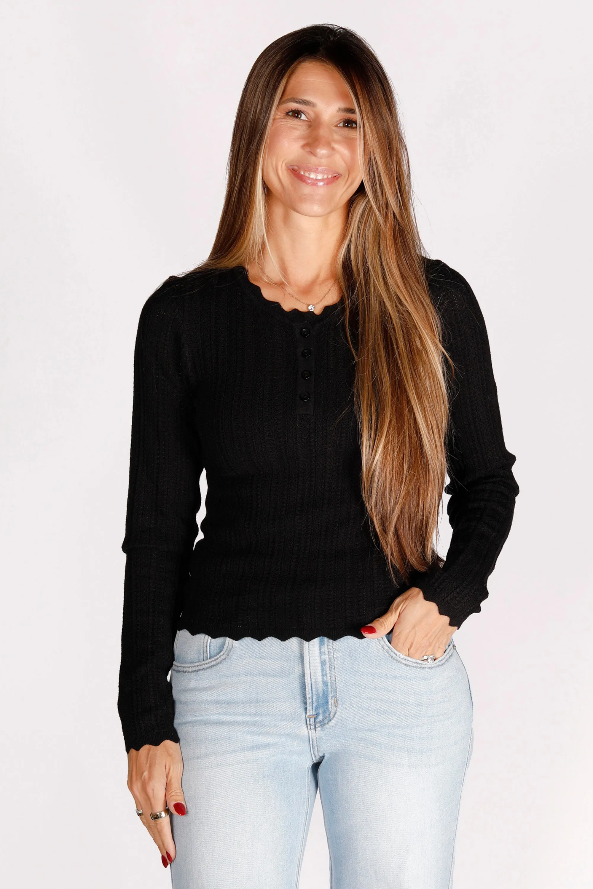 Black Scalloped Henley Sweater - SALE