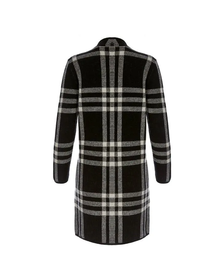 Black/Ivory Boiled Wool Long Check Cardigan