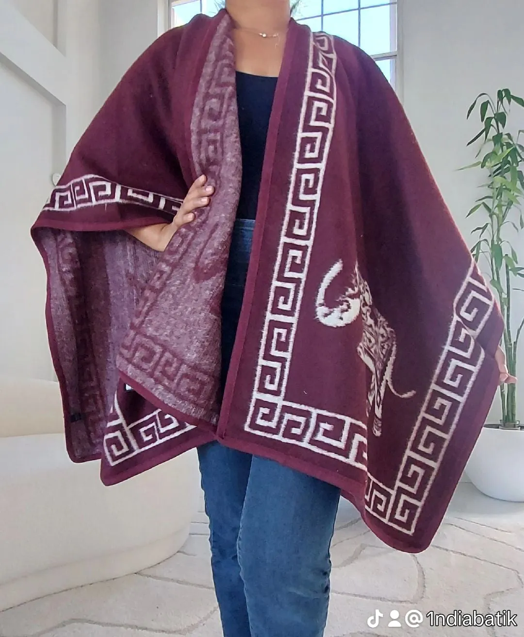 Blanket Shawl/ Poncho Reversible Two Tone Throw- Elephant Print