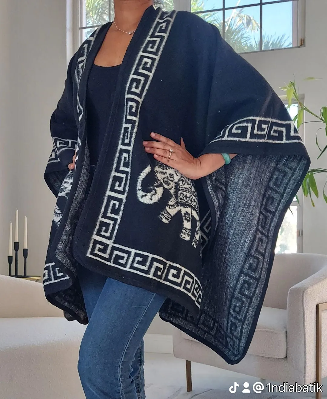 Blanket Shawl/ Poncho Reversible Two Tone Throw- Elephant Print