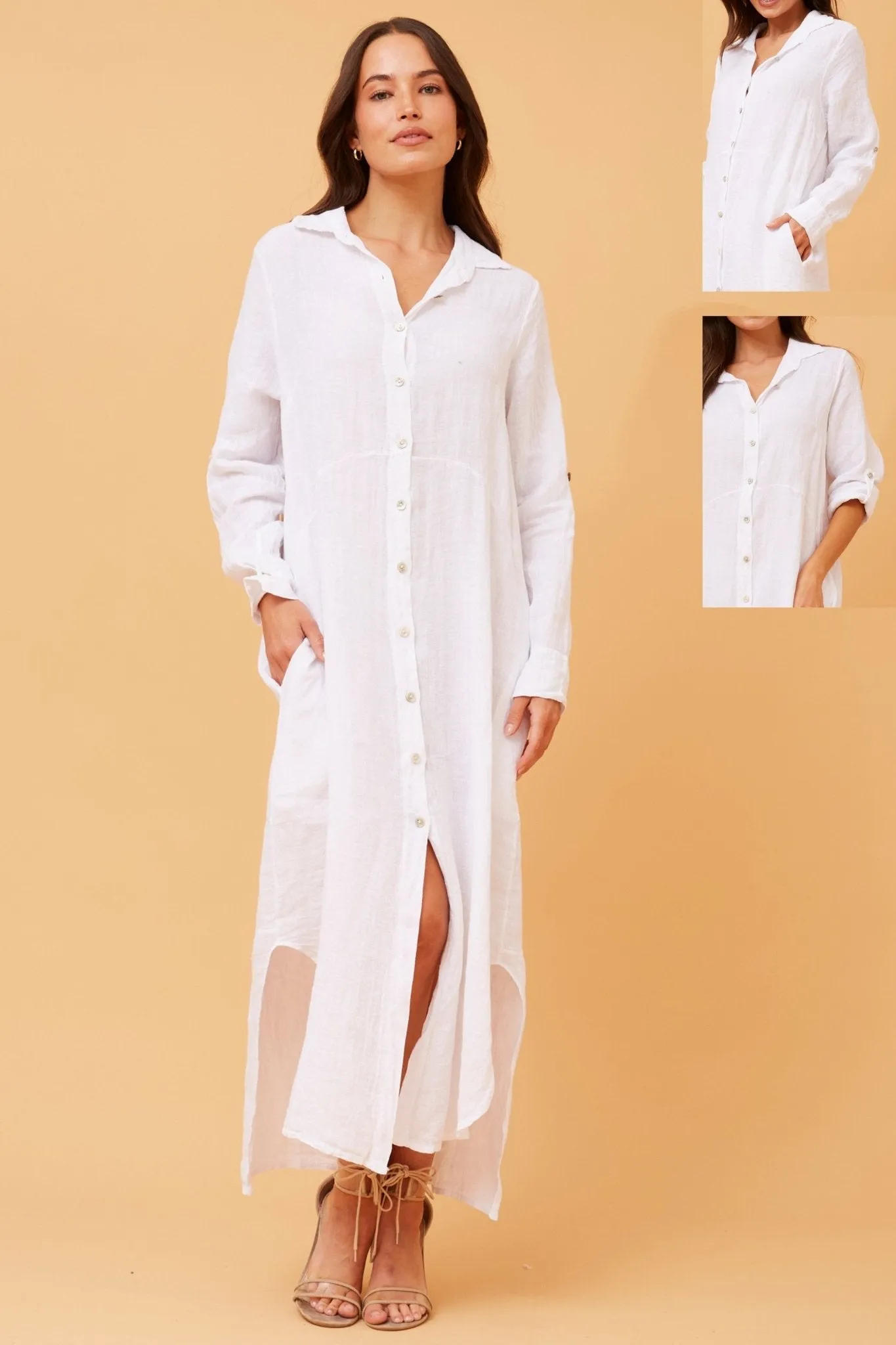 BUTTON THROUGH LINEN SHIRT DRESS WITH POCKETS WHITE