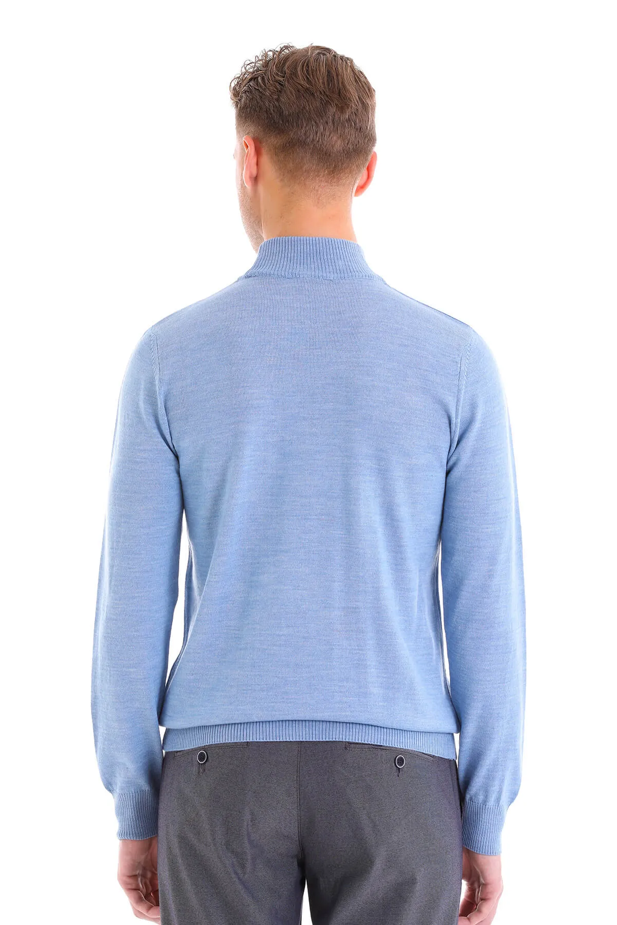 Comfort Fit Wool Blend Blue Mock Neck Sweater