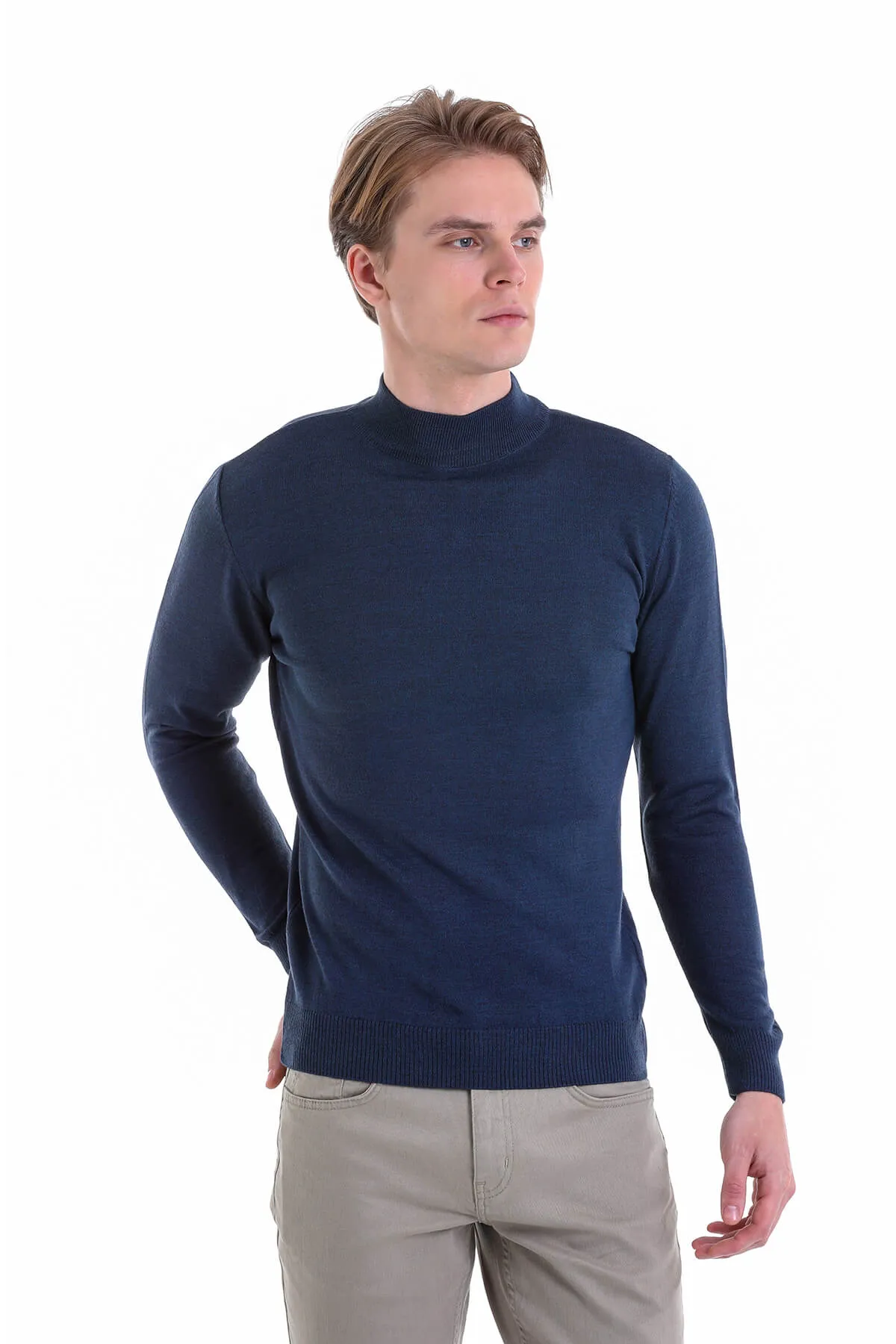 Comfort Fit Wool Blend Indigo Mock Neck Sweater