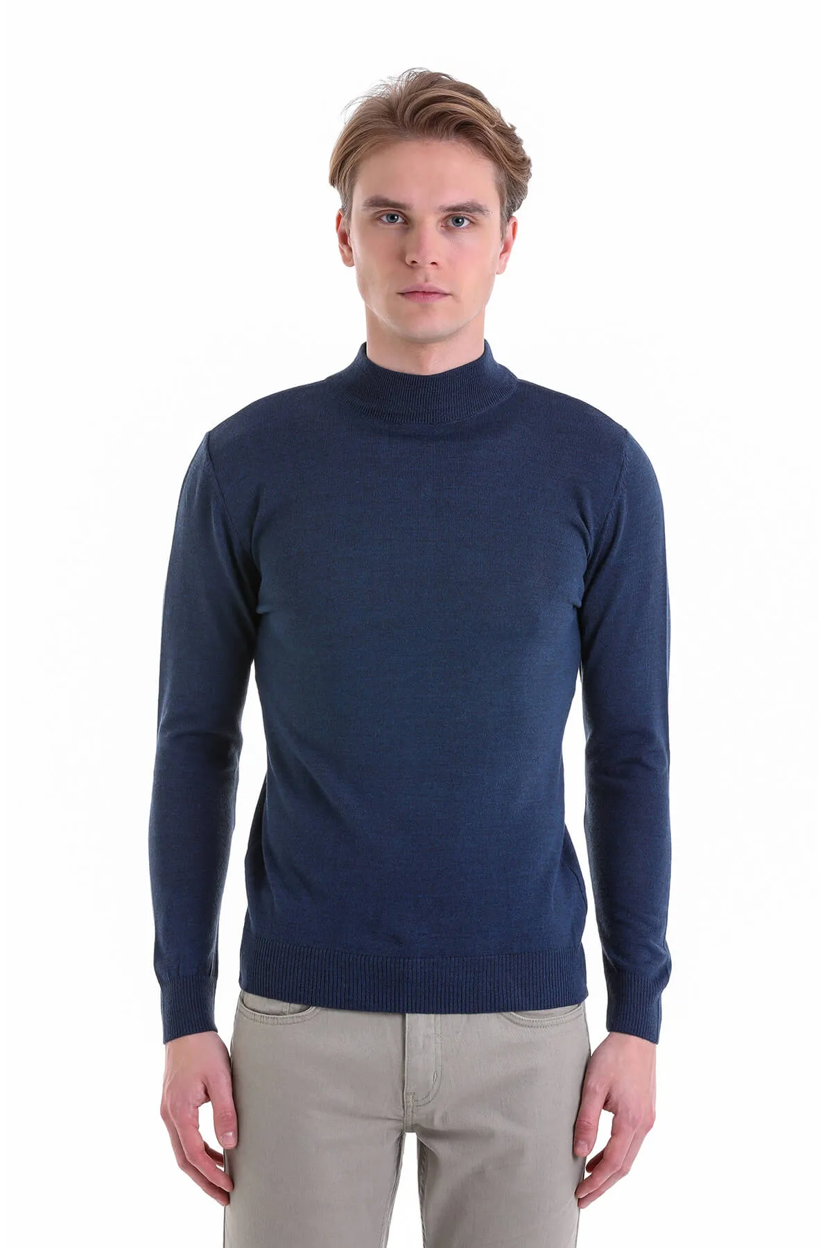 Comfort Fit Wool Blend Indigo Mock Neck Sweater