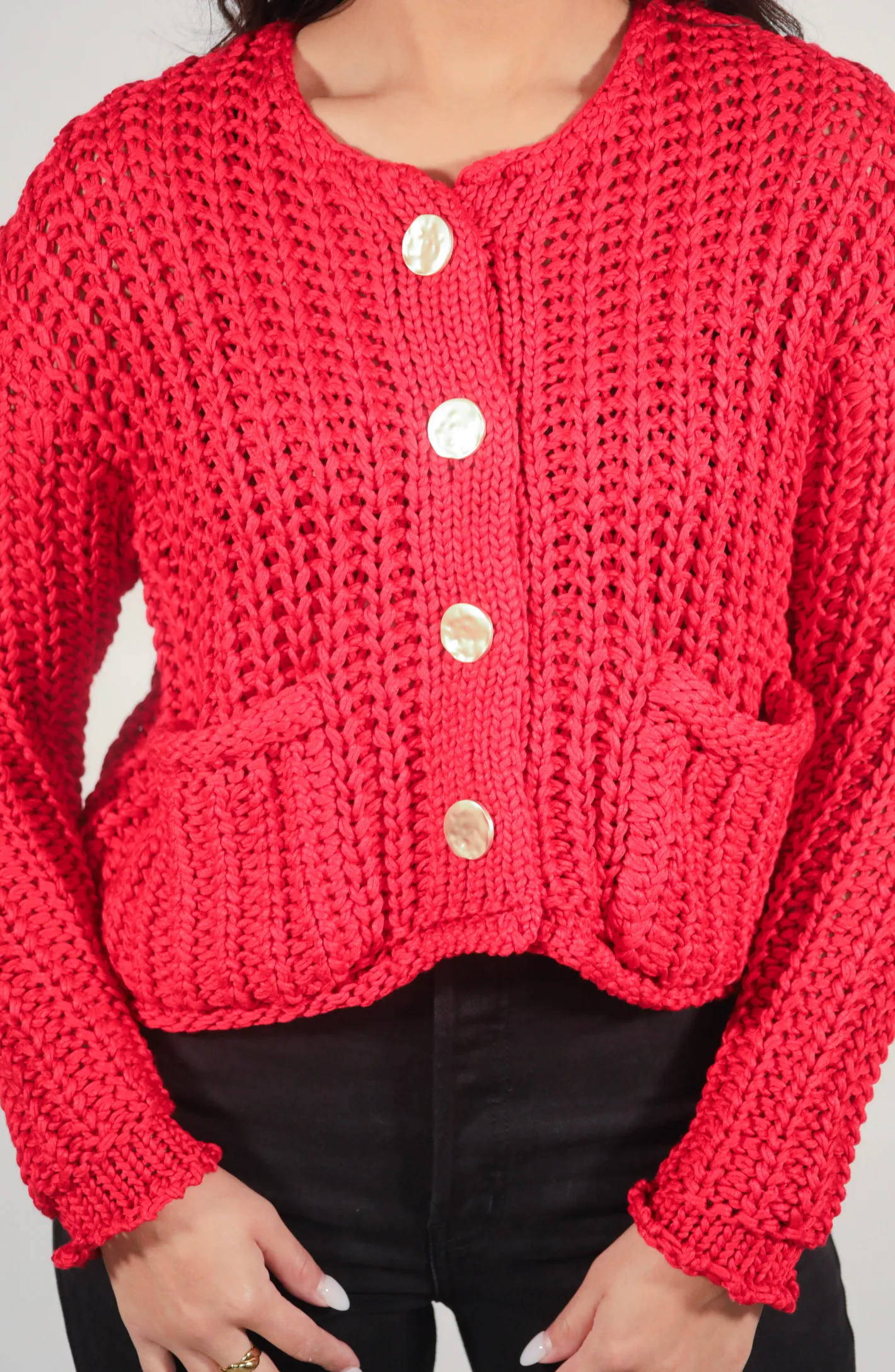 Cozy By The Fire Red Crochet Sweater