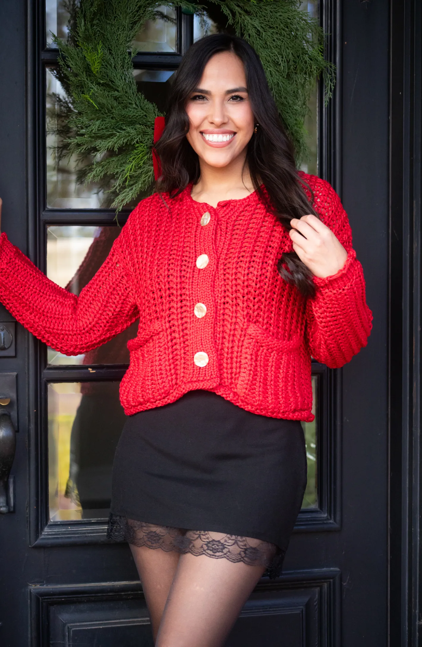 Cozy By The Fire Red Crochet Sweater