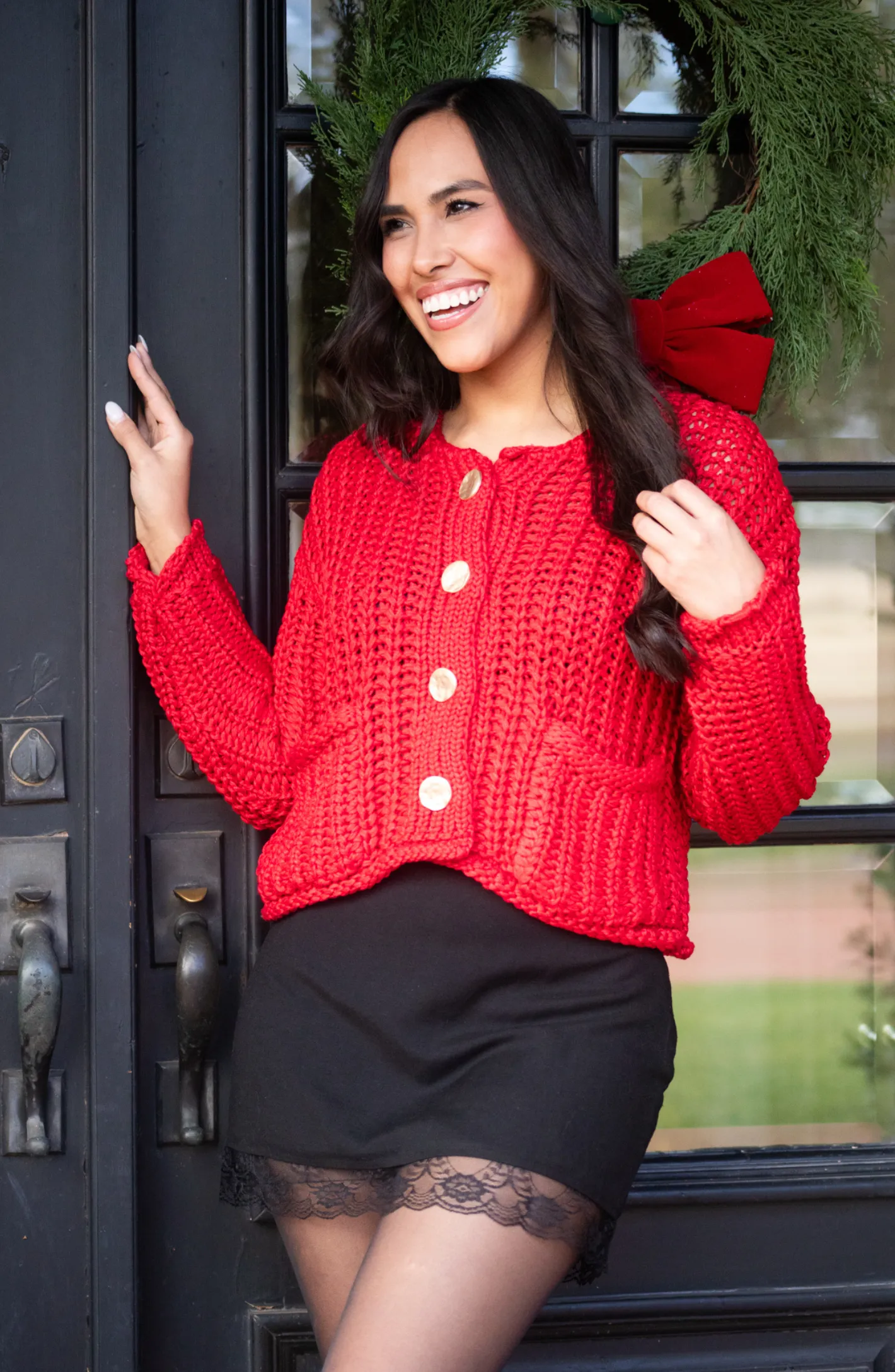 Cozy By The Fire Red Crochet Sweater