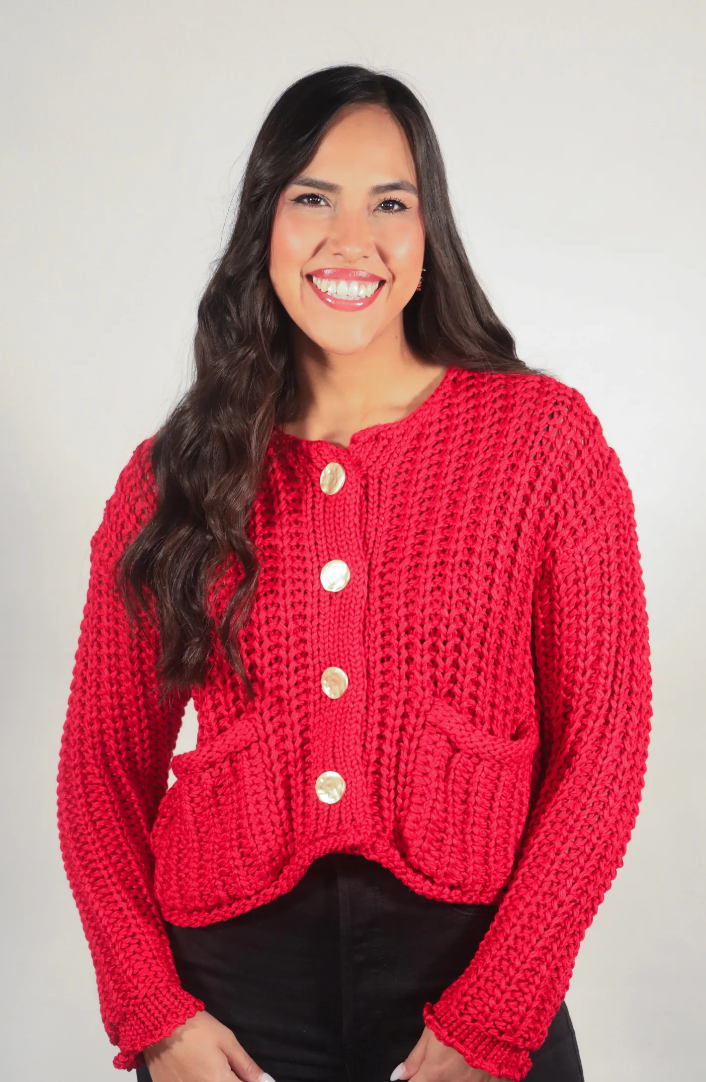 Cozy By The Fire Red Crochet Sweater