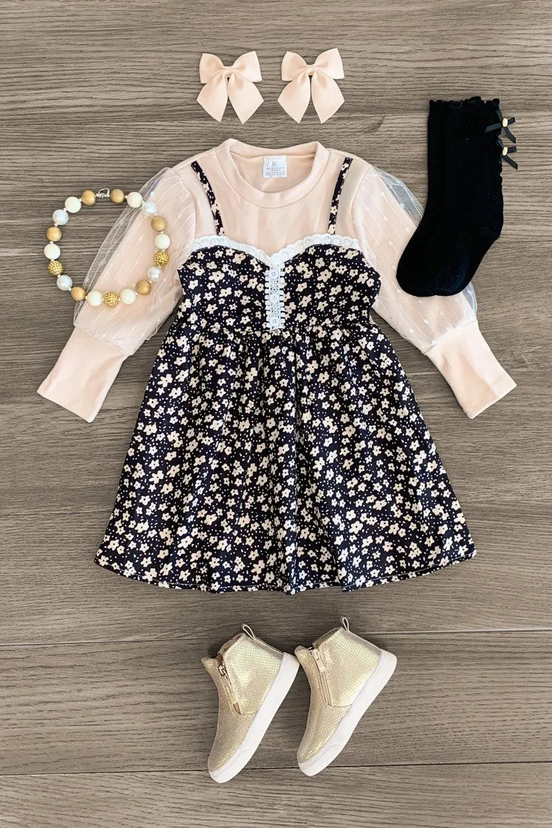 Cream Flower Black Long Sleeve Dress