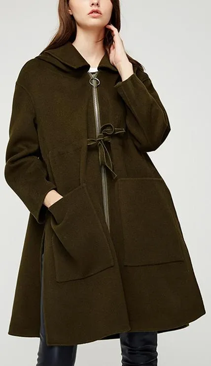 Drawstring Zip Wool Coat