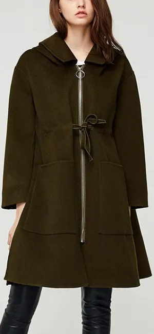 Drawstring Zip Wool Coat