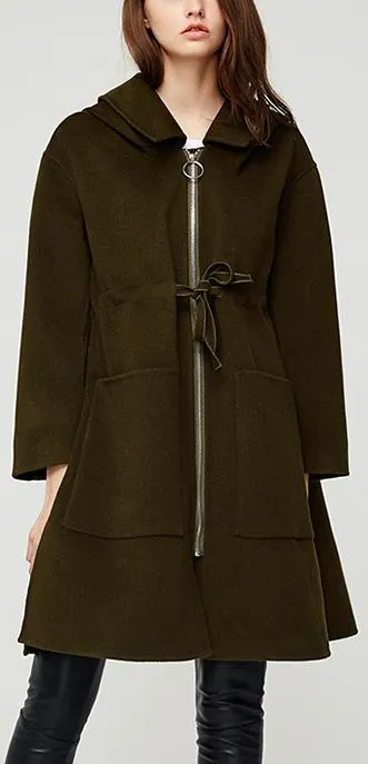 Drawstring Zip Wool Coat