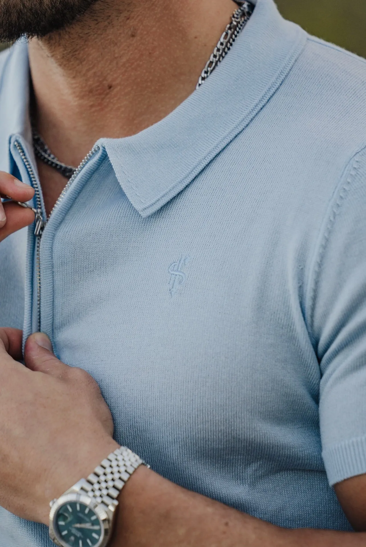 Father Sons Classic Powder Blue Merino Wool Knitted Zip Polo Short Sleeve Sweater With FS Embroidery- FSN031