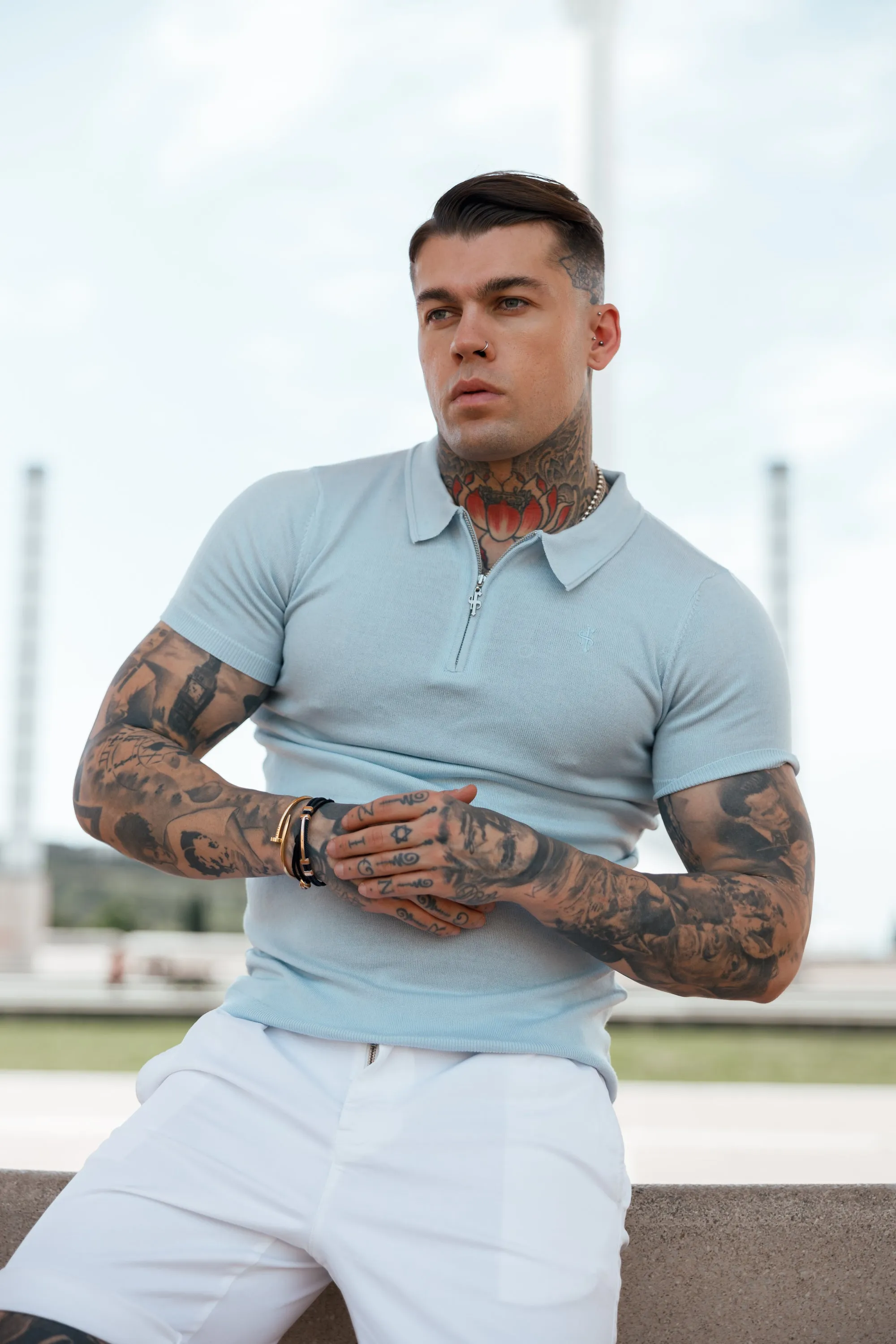 Father Sons Classic Powder Blue Merino Wool Knitted Zip Polo Short Sleeve Sweater With FS Embroidery- FSN031