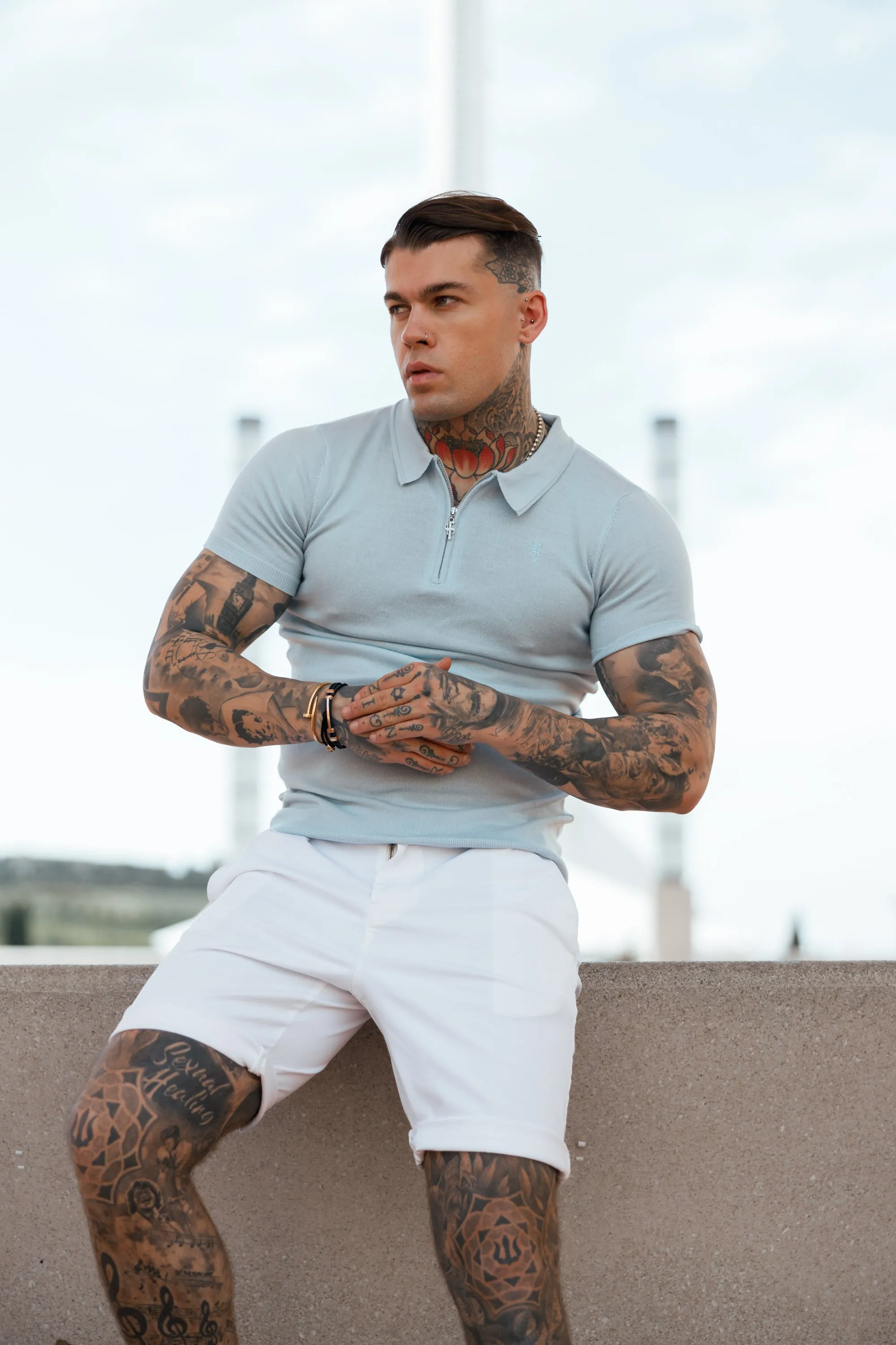 Father Sons Classic Powder Blue Merino Wool Knitted Zip Polo Short Sleeve Sweater With FS Embroidery- FSN031