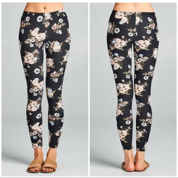 Floral Leggings Stretch Yoga Lounge Ankle Lightweight Pants Gym Workout Black Mauve