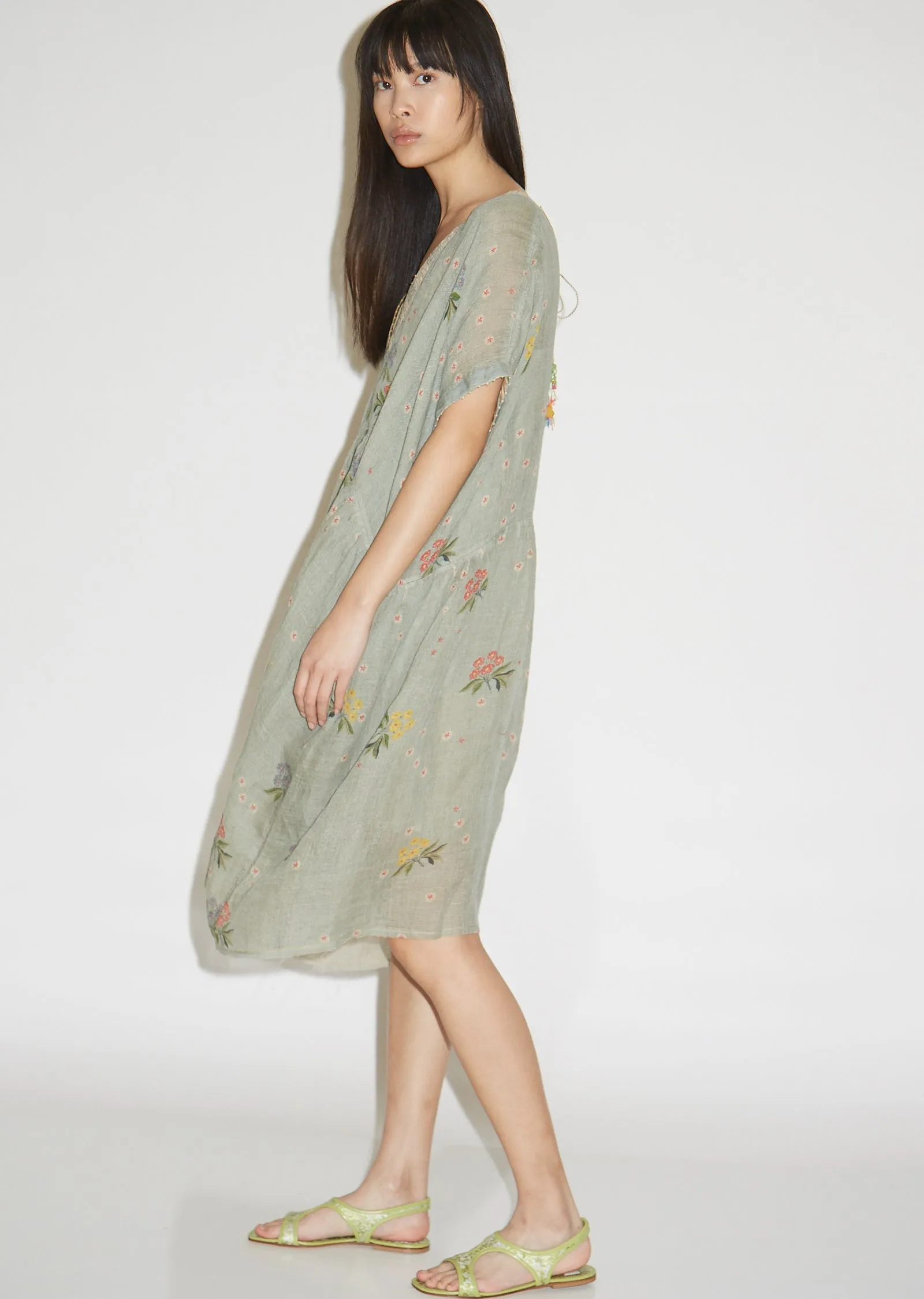 Floral Printed V-Neck Linen Dress