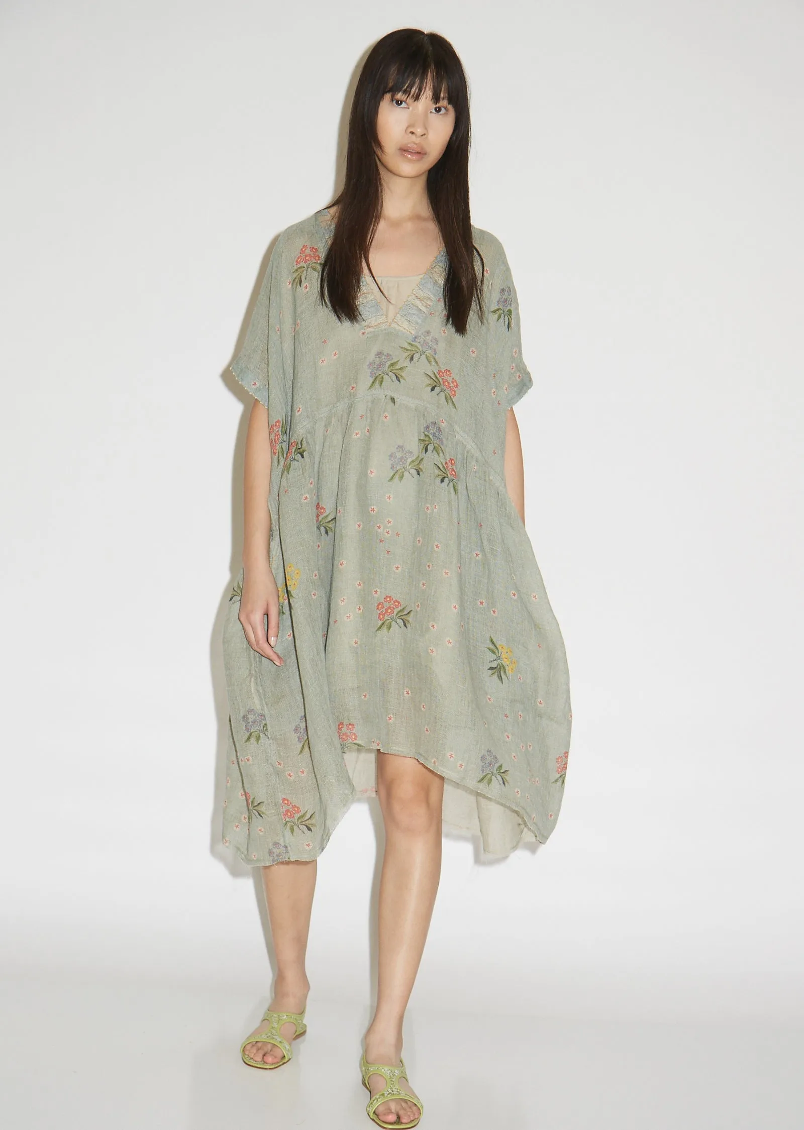 Floral Printed V-Neck Linen Dress