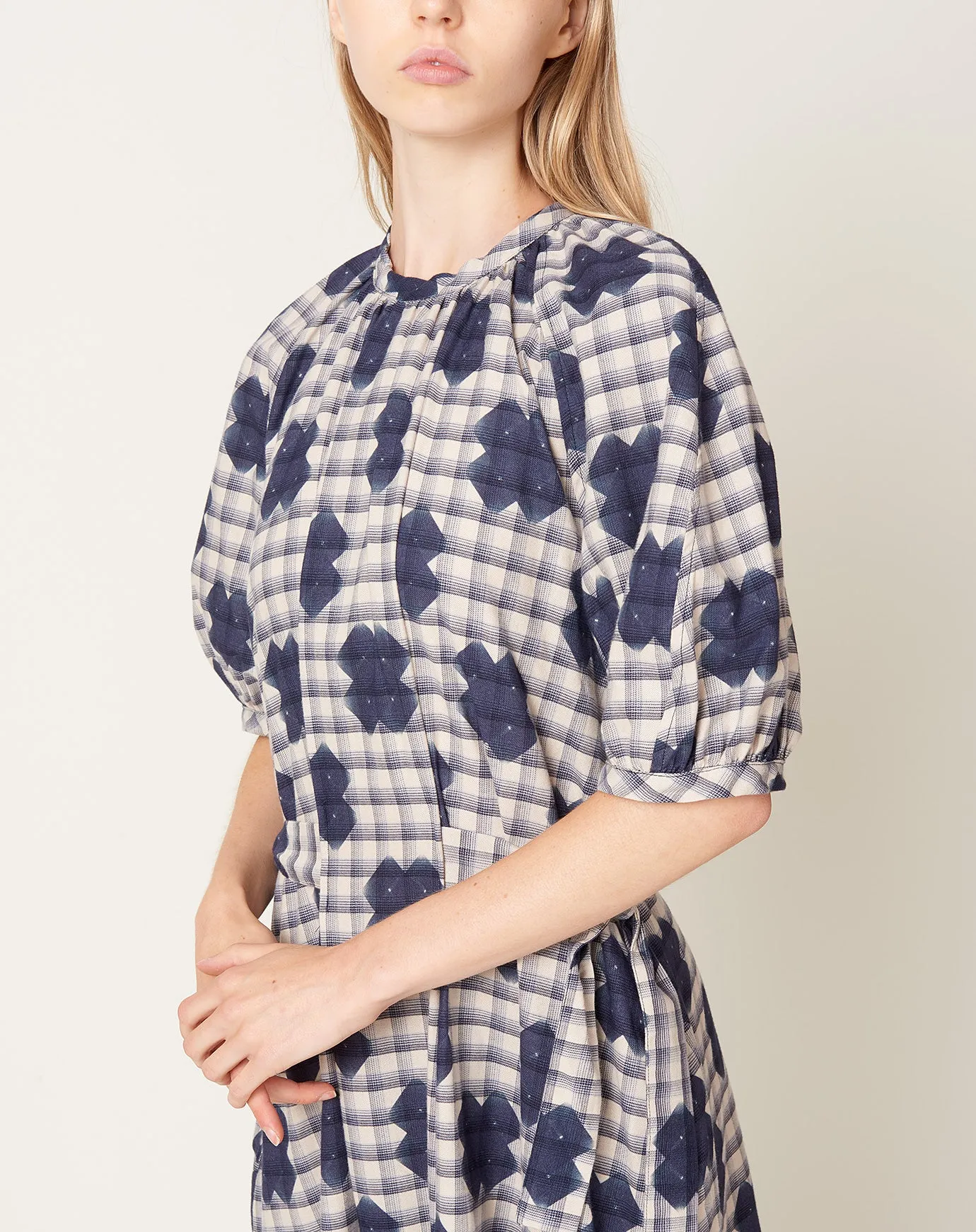 Gambit Dress in Blue White Checks Cross Print