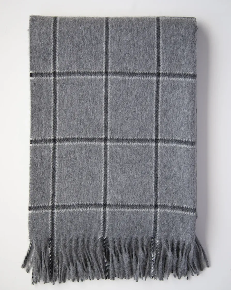 Grey Plaid Alpaca and  Wool Throw