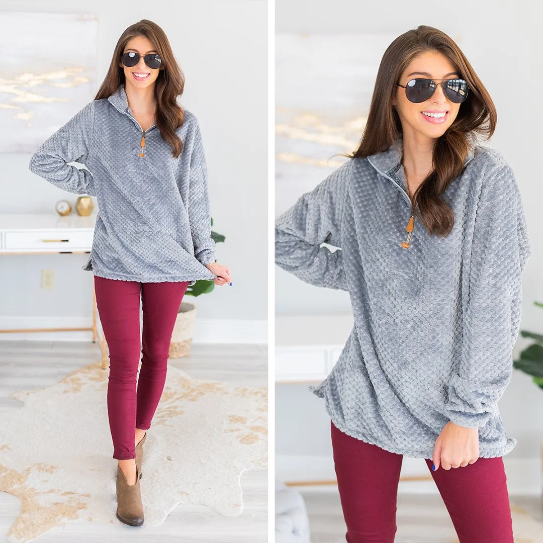 It's A Brand New Day Gray Fuzzy Pullover