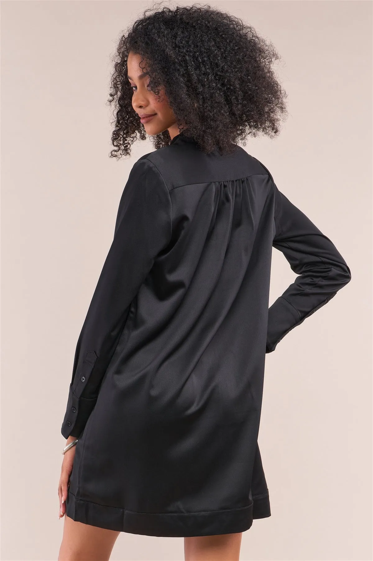 Jet Black Satin V-neck Long Sleeve Relaxed Fit Shirt Dress