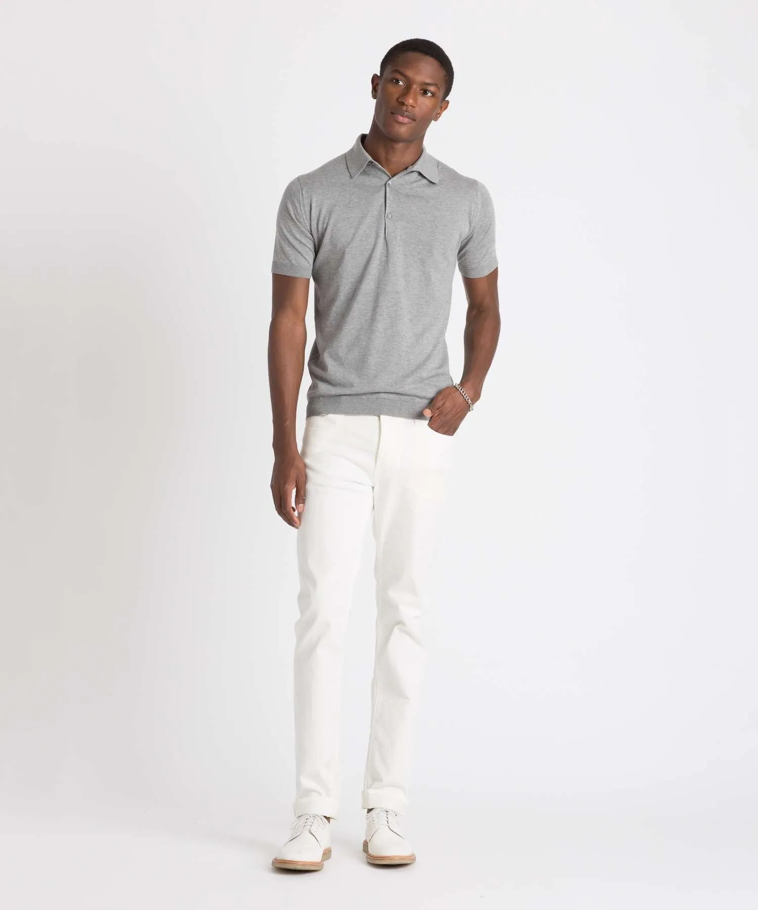 John Smedley Sea Island Cotton Polo Sweater in Silver