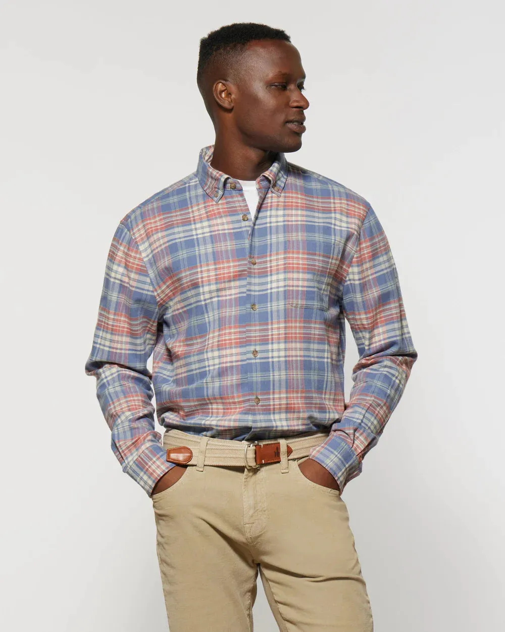 Johnnie-O Plott Tucked Button Up Shirt in Laguna Blue