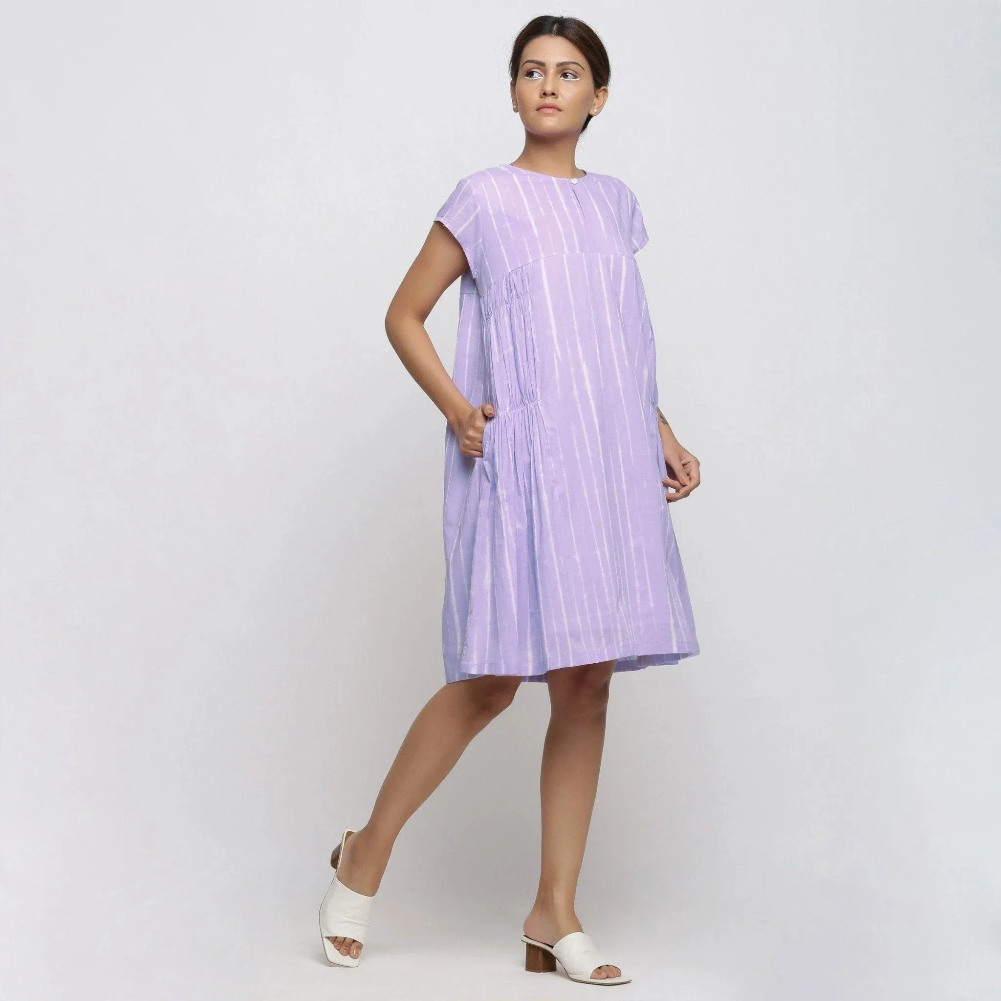 Lavender Tie and Dye Cotton Knee Length Yoke Dress