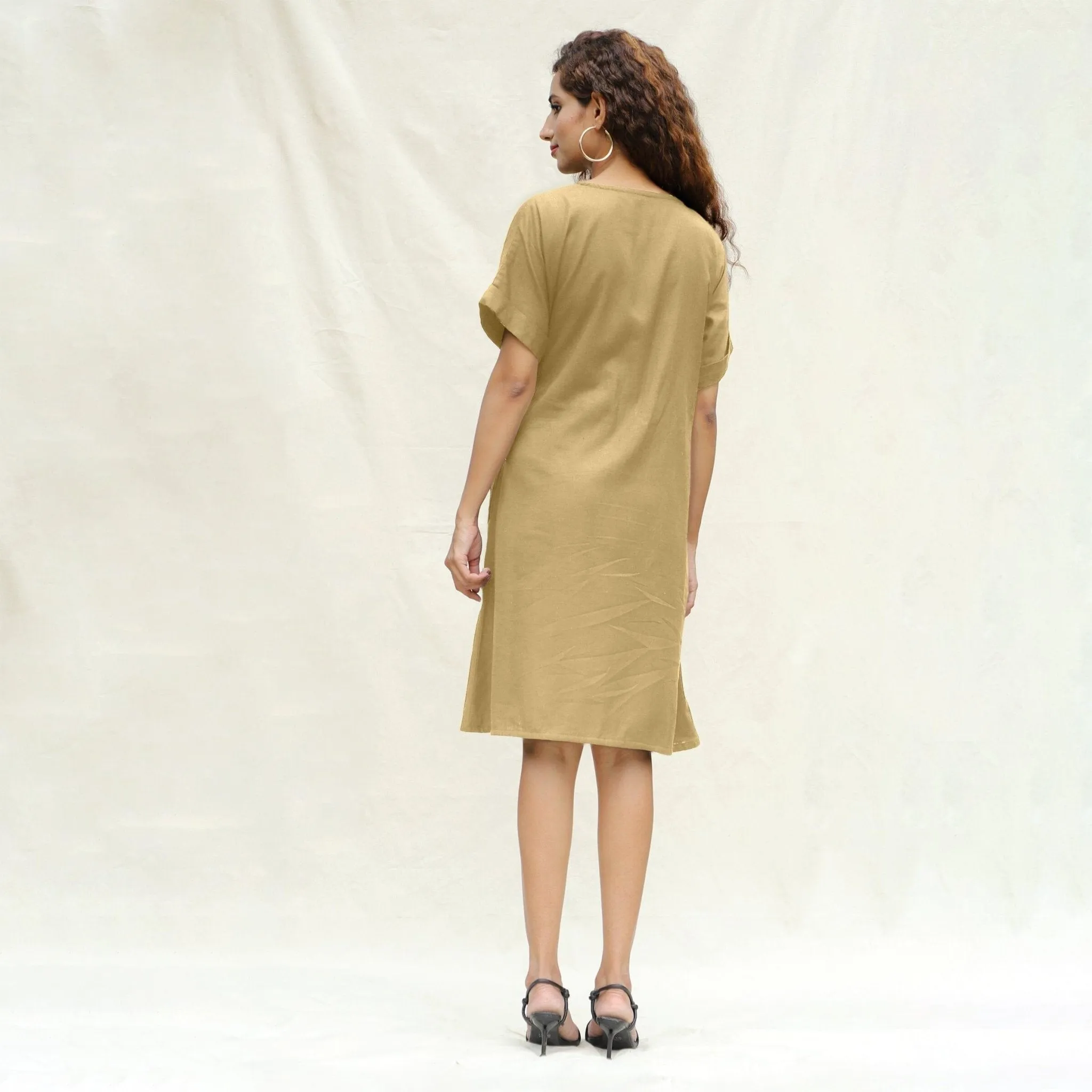 Light Khakhi Cotton Flax A-Line Knee Length Wrap Dress