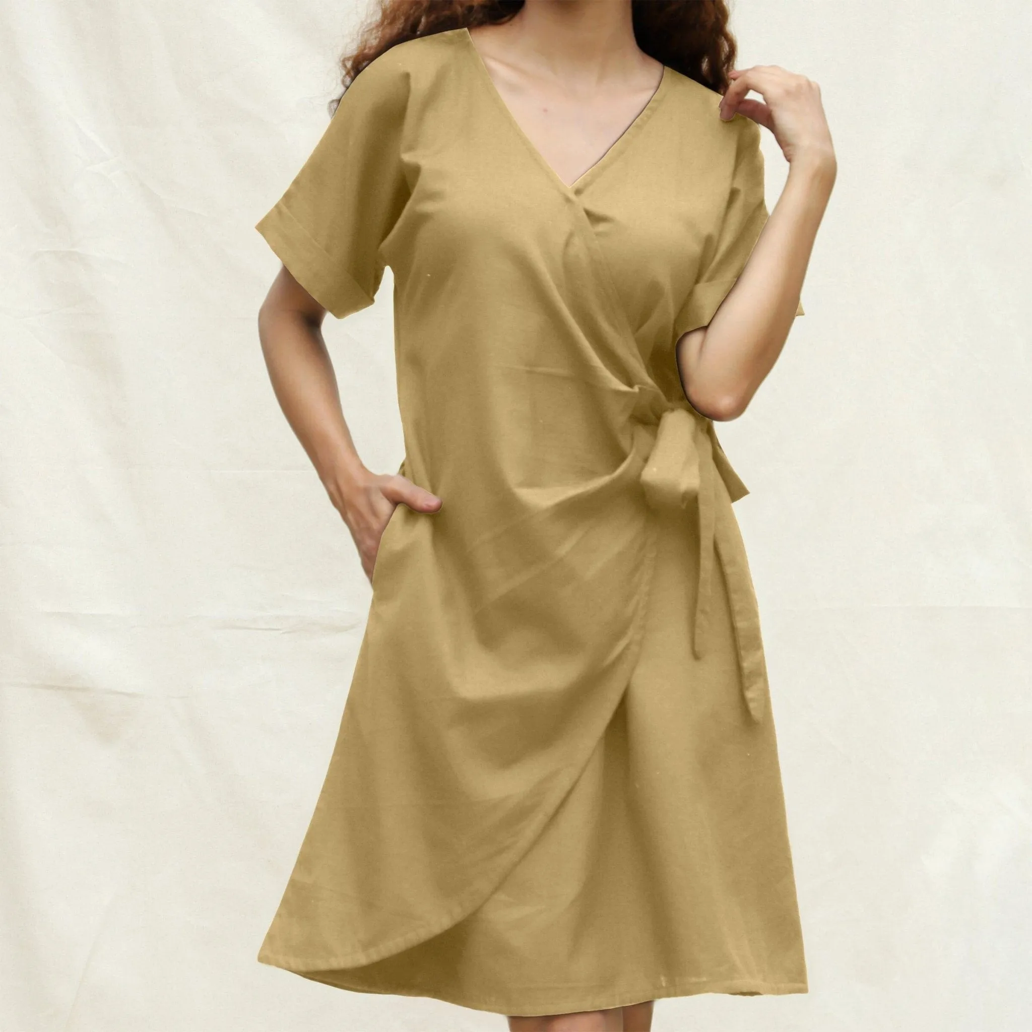 Light Khakhi Cotton Flax A-Line Knee Length Wrap Dress