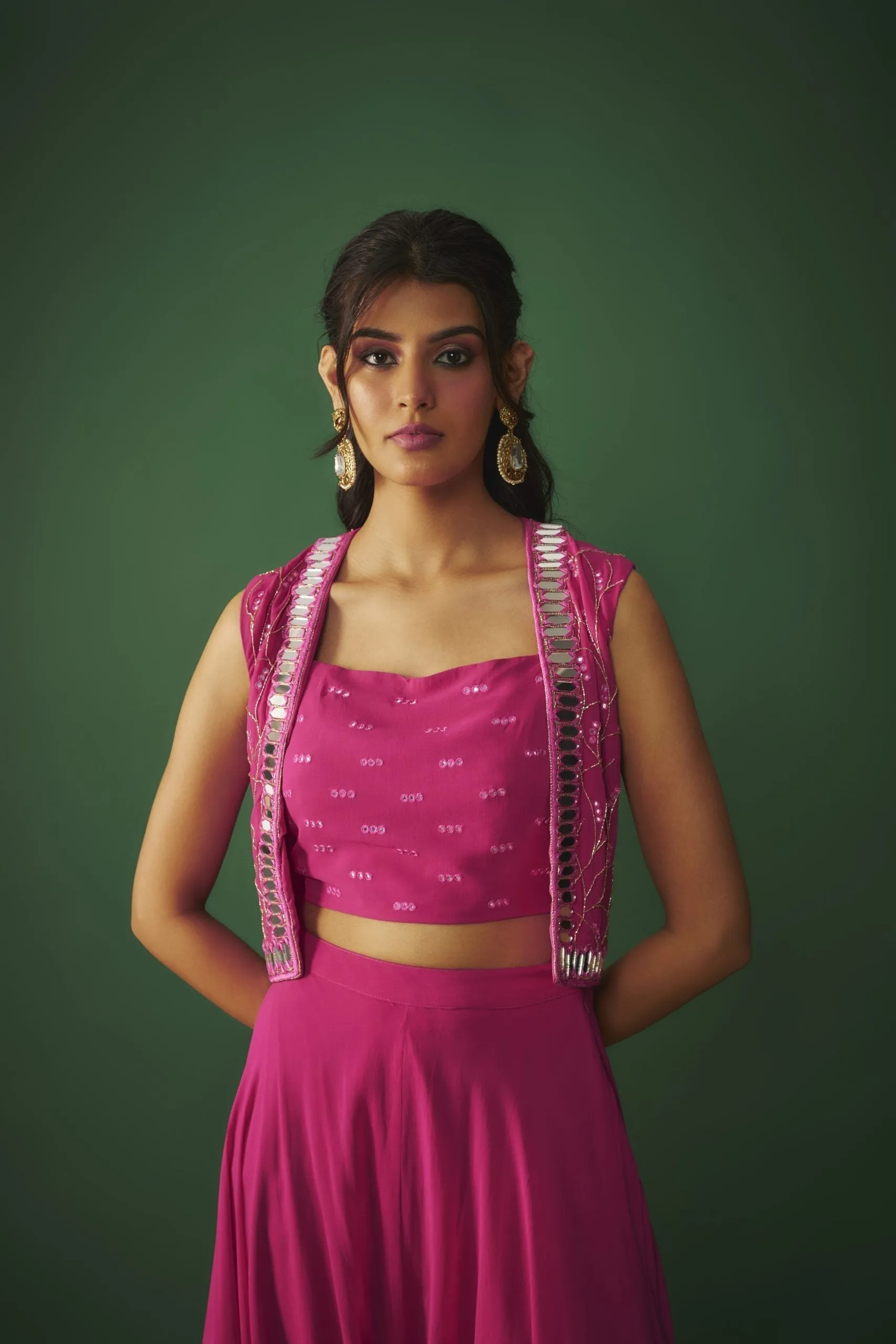 MAGENTA PINK MIRROR EMBROIDERED CHOLI, DHOTI AND CROP JACKET SET