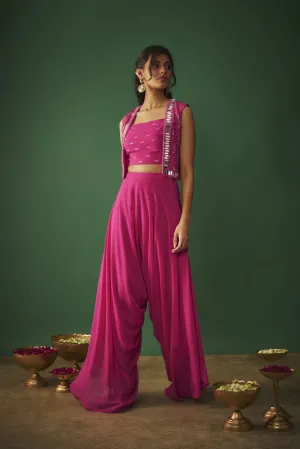 MAGENTA PINK MIRROR EMBROIDERED CHOLI, DHOTI AND CROP JACKET SET