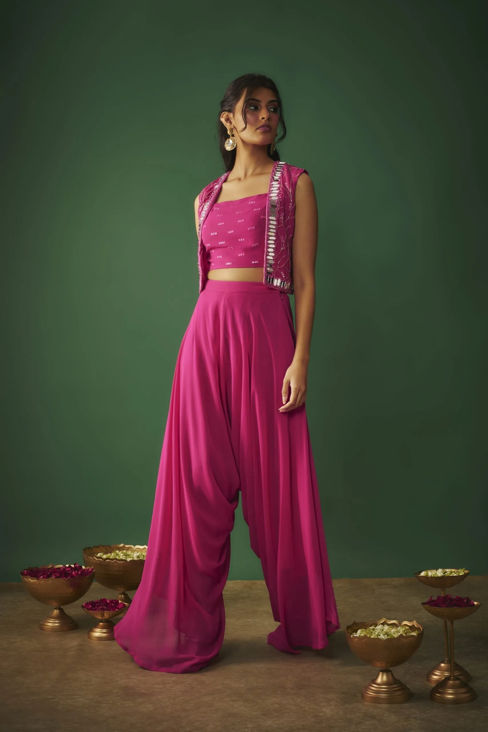 MAGENTA PINK MIRROR EMBROIDERED CHOLI, DHOTI AND CROP JACKET SET