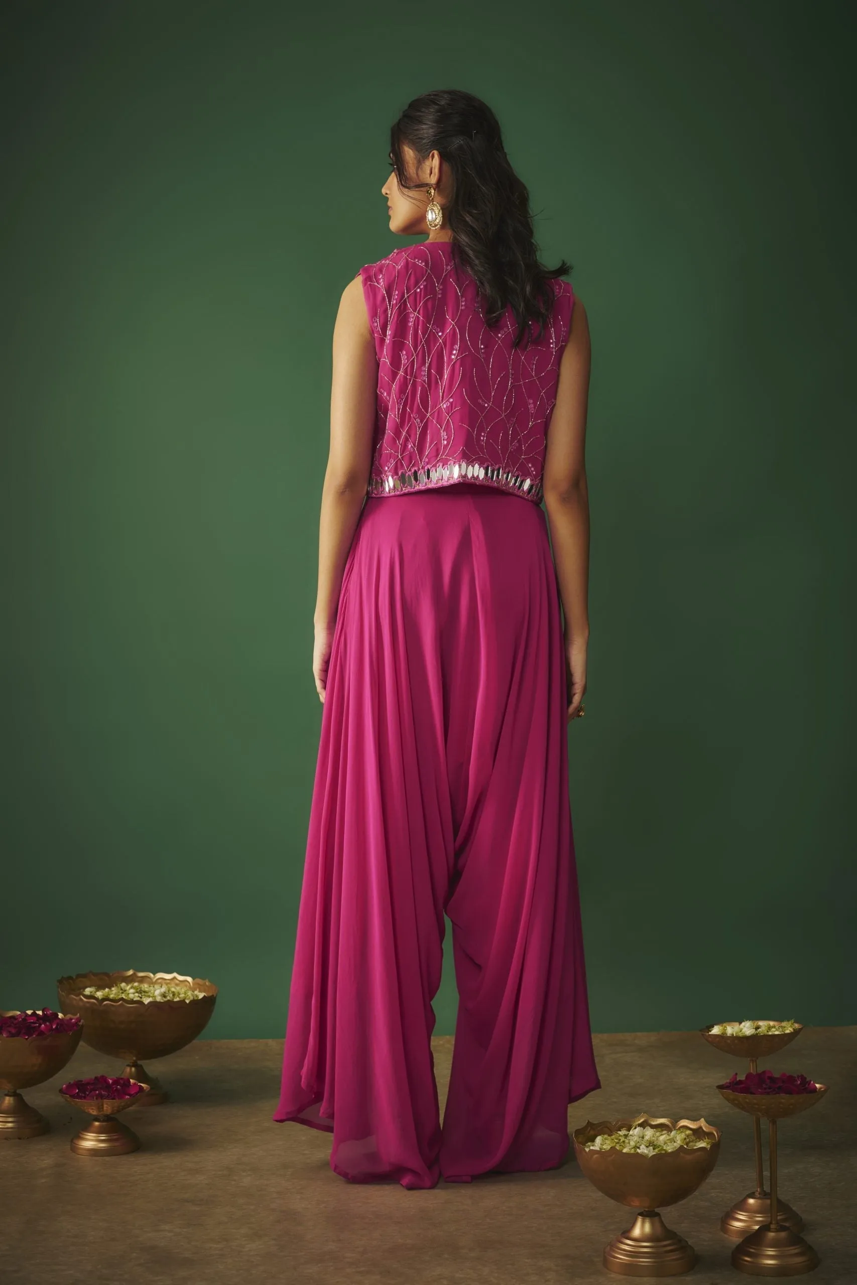 MAGENTA PINK MIRROR EMBROIDERED CHOLI, DHOTI AND CROP JACKET SET