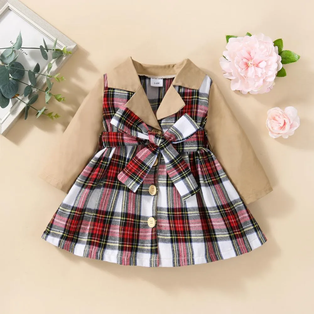 Mommbaby Christmas Autumn and Winter Plaid Stitching Trench Coat Girls Dress Kids Clothes