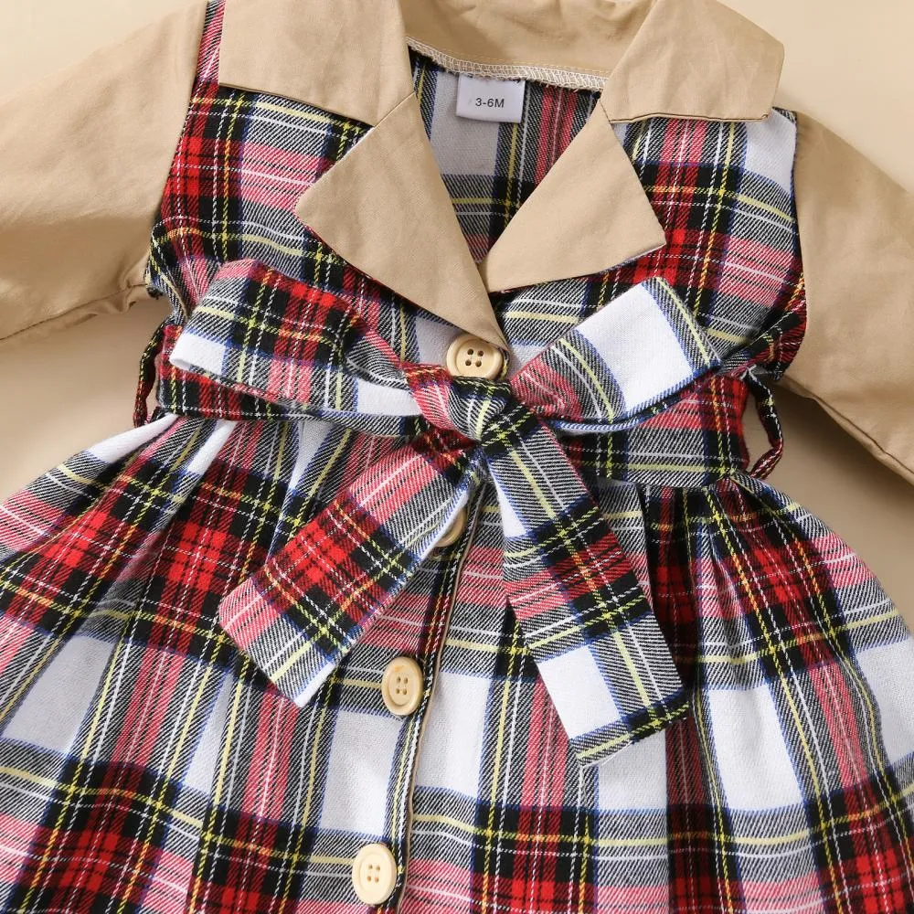 Mommbaby Christmas Autumn and Winter Plaid Stitching Trench Coat Girls Dress Kids Clothes