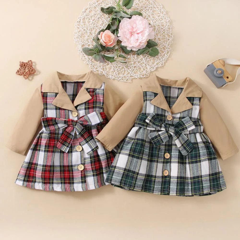 Mommbaby Christmas Autumn and Winter Plaid Stitching Trench Coat Girls Dress Kids Clothes