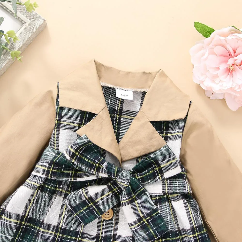 Mommbaby Christmas Autumn and Winter Plaid Stitching Trench Coat Girls Dress Kids Clothes