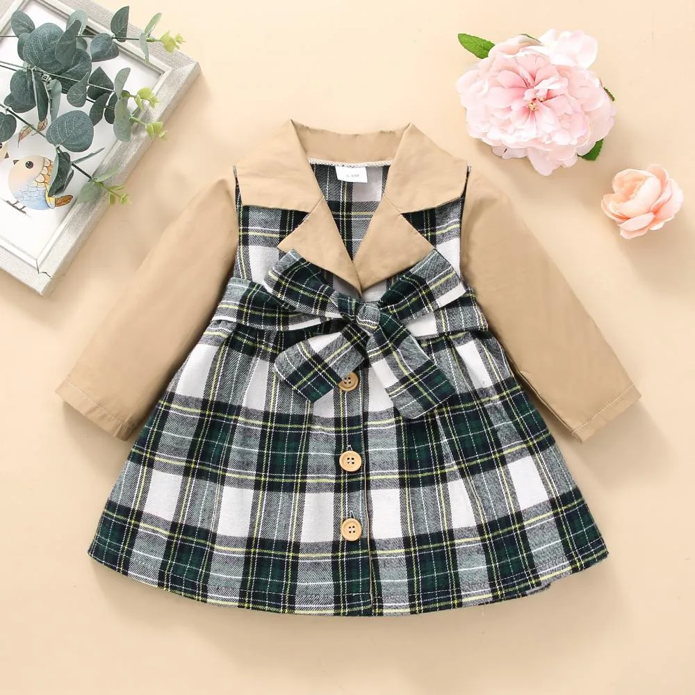 Mommbaby Christmas Autumn and Winter Plaid Stitching Trench Coat Girls Dress Kids Clothes