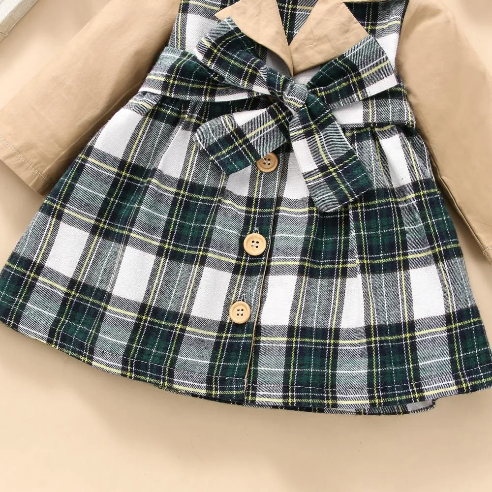 Mommbaby Christmas Autumn and Winter Plaid Stitching Trench Coat Girls Dress Kids Clothes