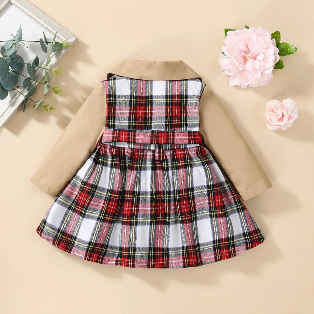 Mommbaby Christmas Autumn and Winter Plaid Stitching Trench Coat Girls Dress Kids Clothes