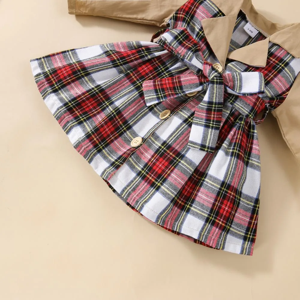 Mommbaby Christmas Autumn and Winter Plaid Stitching Trench Coat Girls Dress Kids Clothes