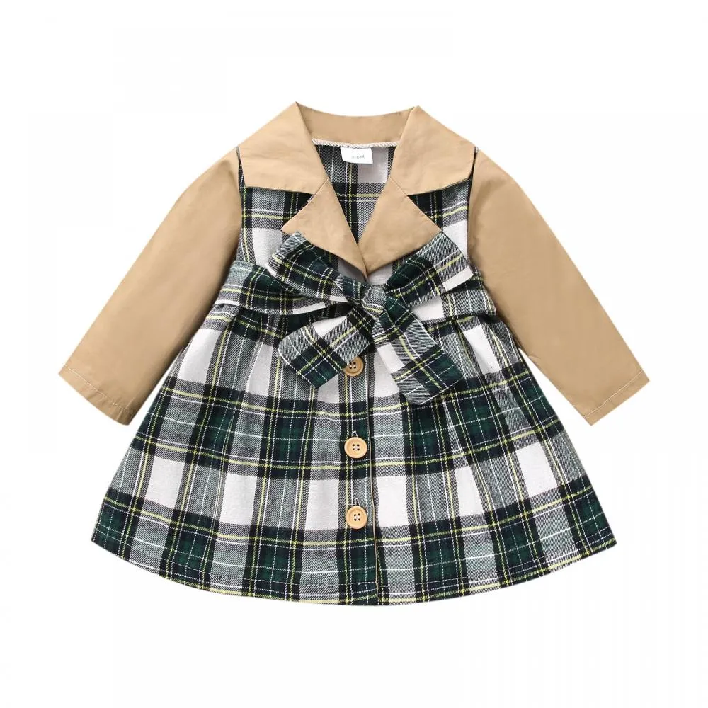 Mommbaby Christmas Autumn and Winter Plaid Stitching Trench Coat Girls Dress Kids Clothes